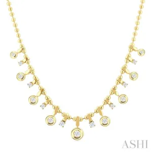 1 1/5 ctw Round Cut Diamond Halfway Bezel and Prong Set Dangle Necklace in 14K Yellow Gold