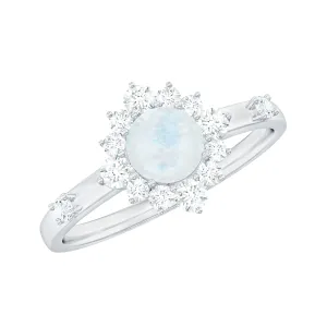 1 CT Round Moonstone and Diamond Halo Engagement Ring