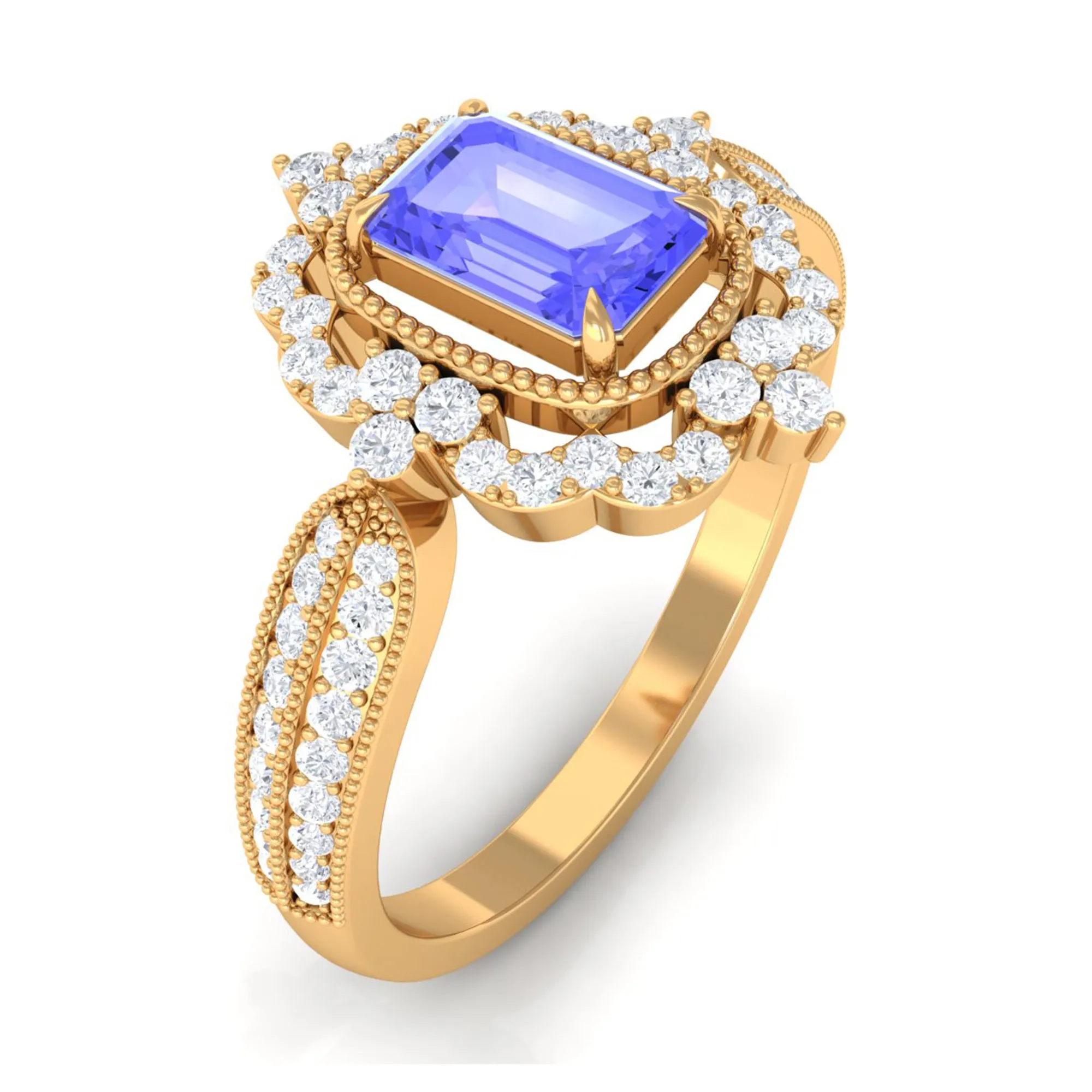 1 CT Vintage Style Emerald Cut Tanzanite Engagement Ring with Diamond Floral Halo