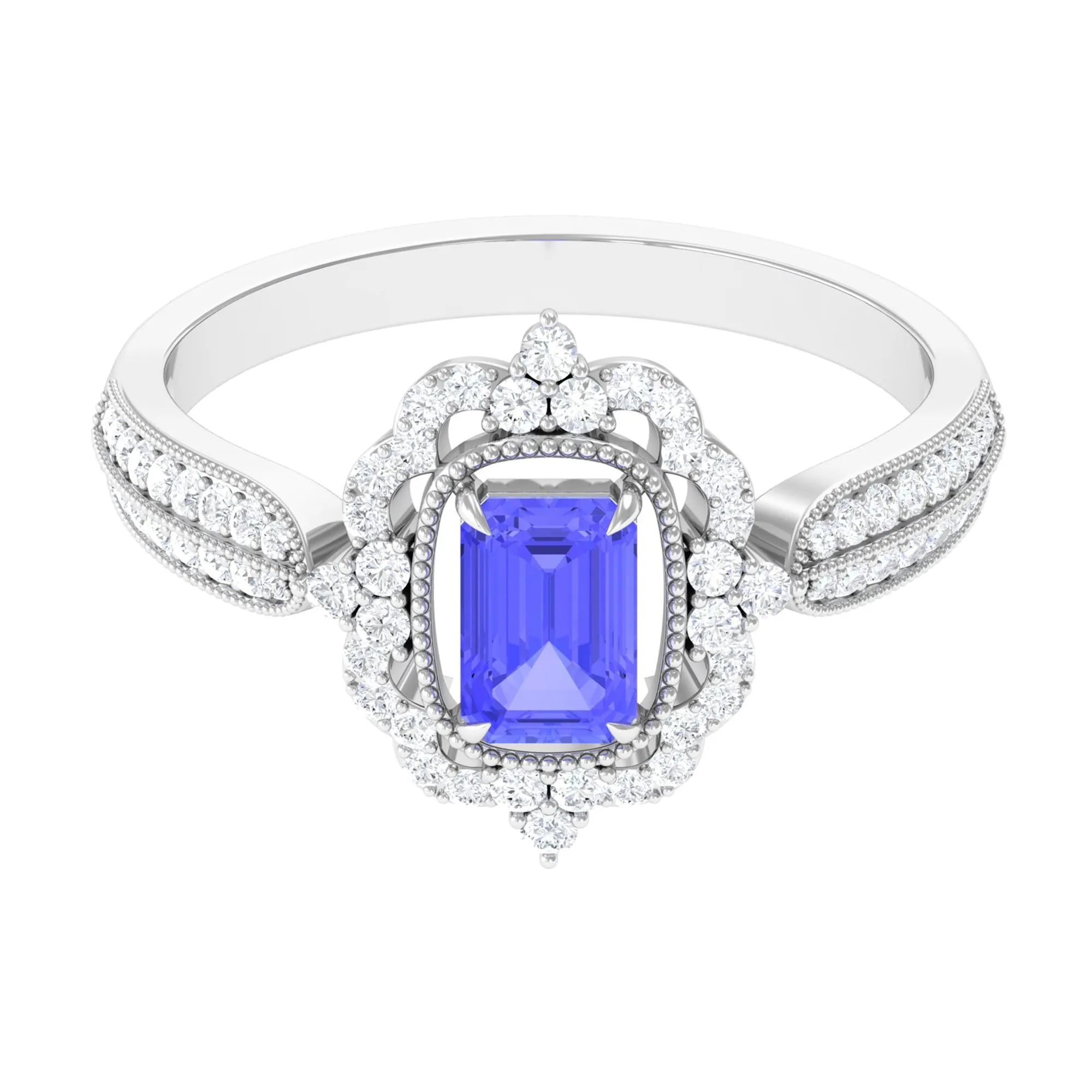 1 CT Vintage Style Emerald Cut Tanzanite Engagement Ring with Diamond Floral Halo