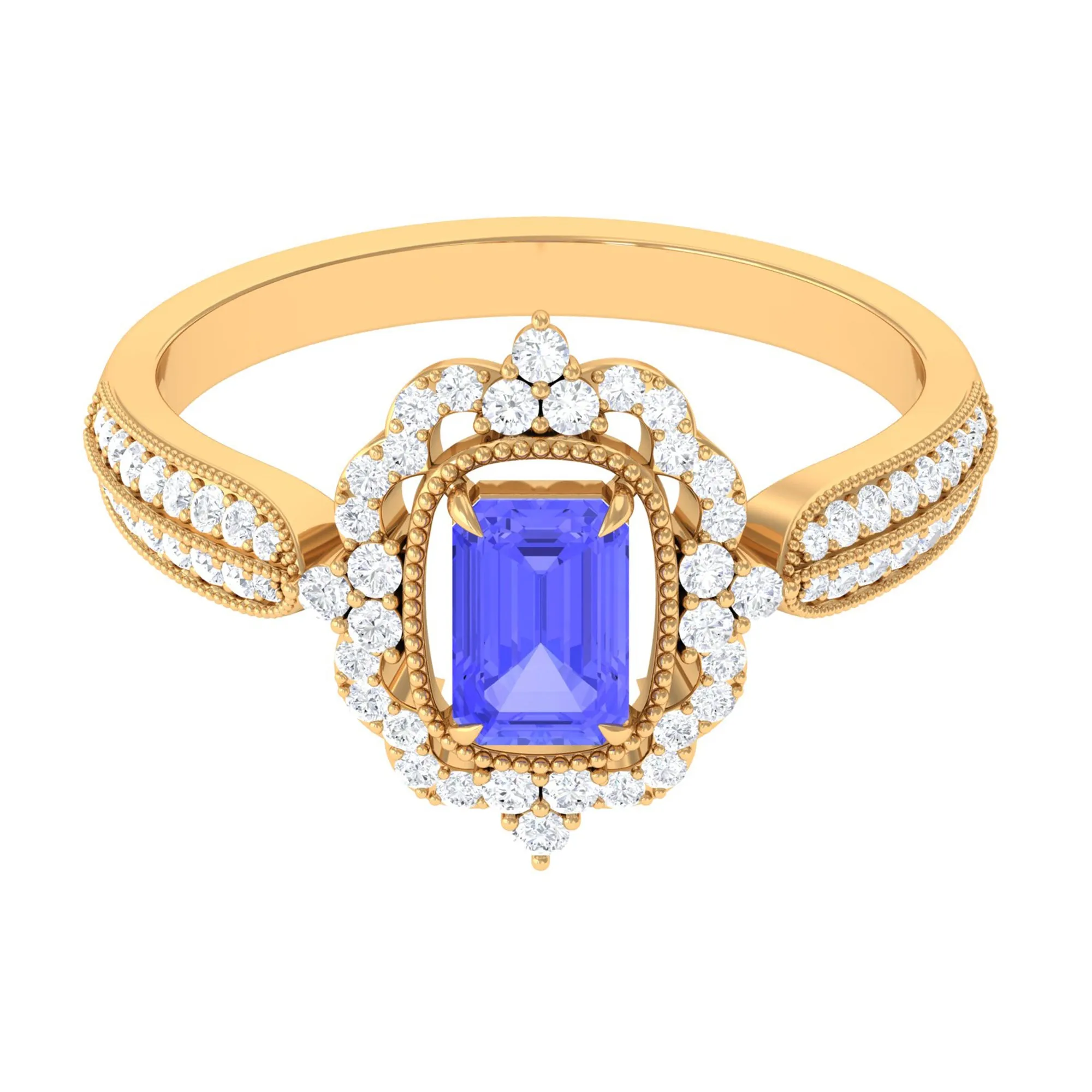 1 CT Vintage Style Emerald Cut Tanzanite Engagement Ring with Diamond Floral Halo