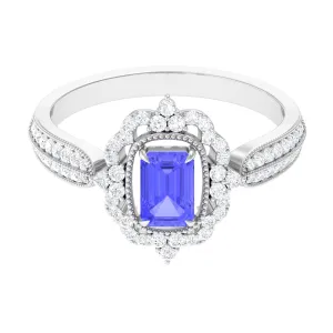 1 CT Vintage Style Emerald Cut Tanzanite Engagement Ring with Diamond Floral Halo