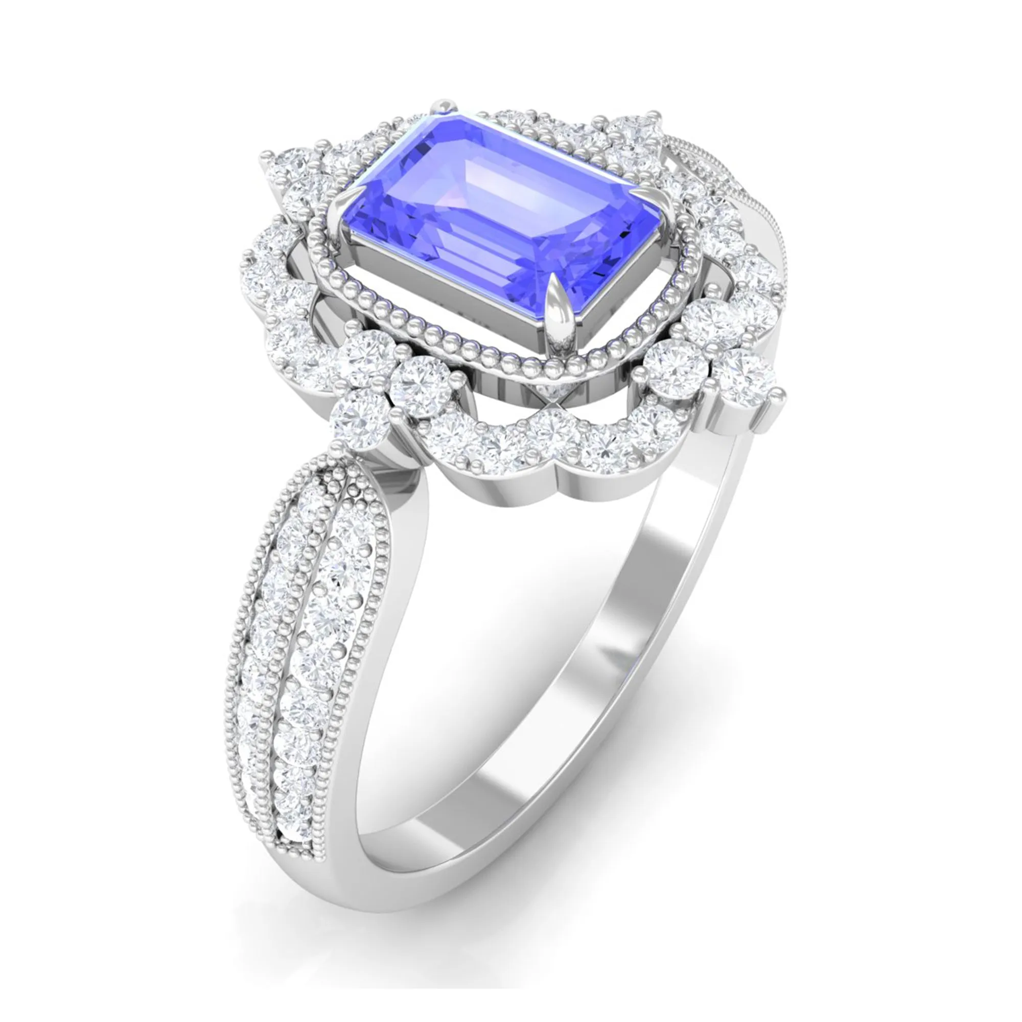 1 CT Vintage Style Emerald Cut Tanzanite Engagement Ring with Diamond Floral Halo