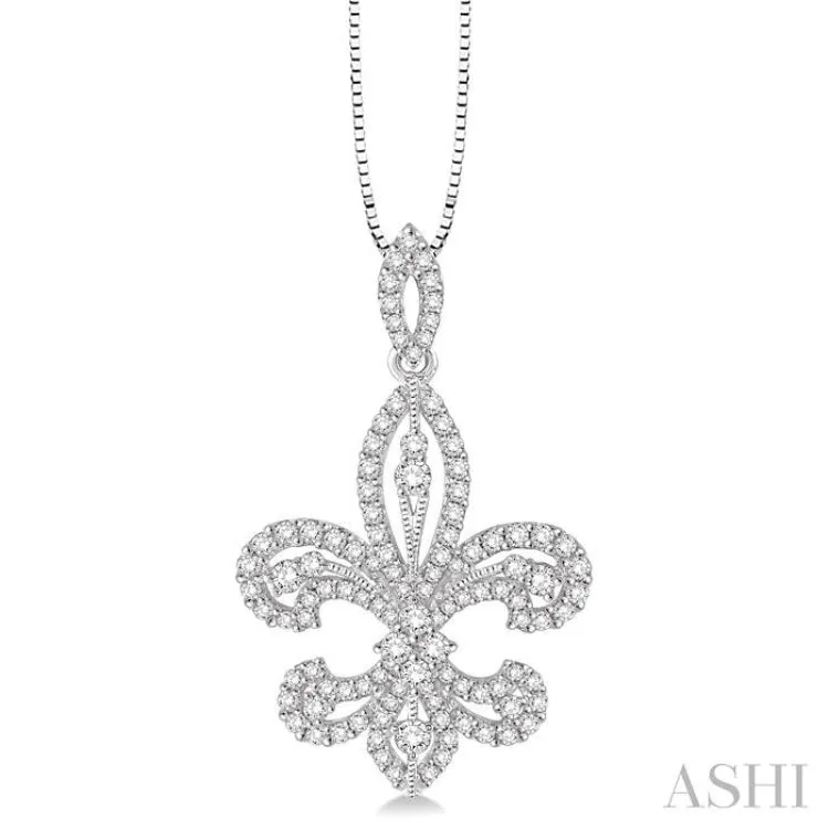 1 Ctw Round Cut Diamond Fleur De Lis Diamond Pendant in 14K White Gold with Chain