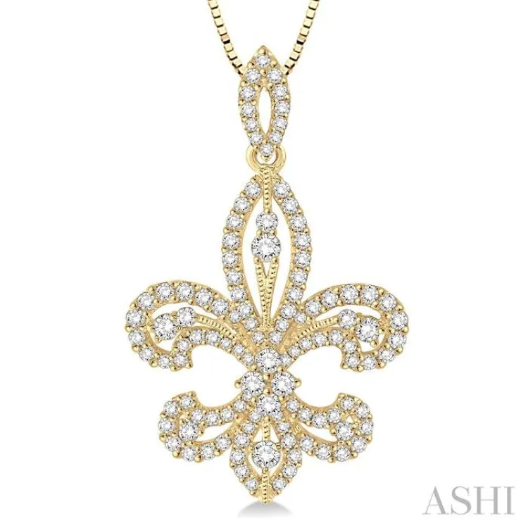 1 Ctw Round Cut Diamond Fleur De Lis Diamond Pendant in 14K Yellow Gold with Chain