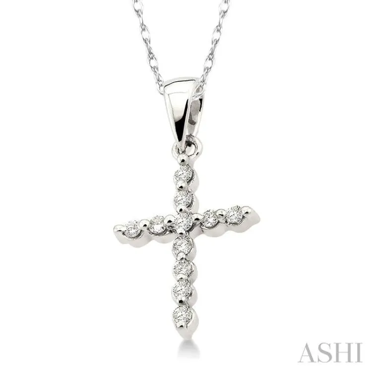 1/10 Ctw Round Cut Diamond Cross Pendant in 14K White Gold with Chain