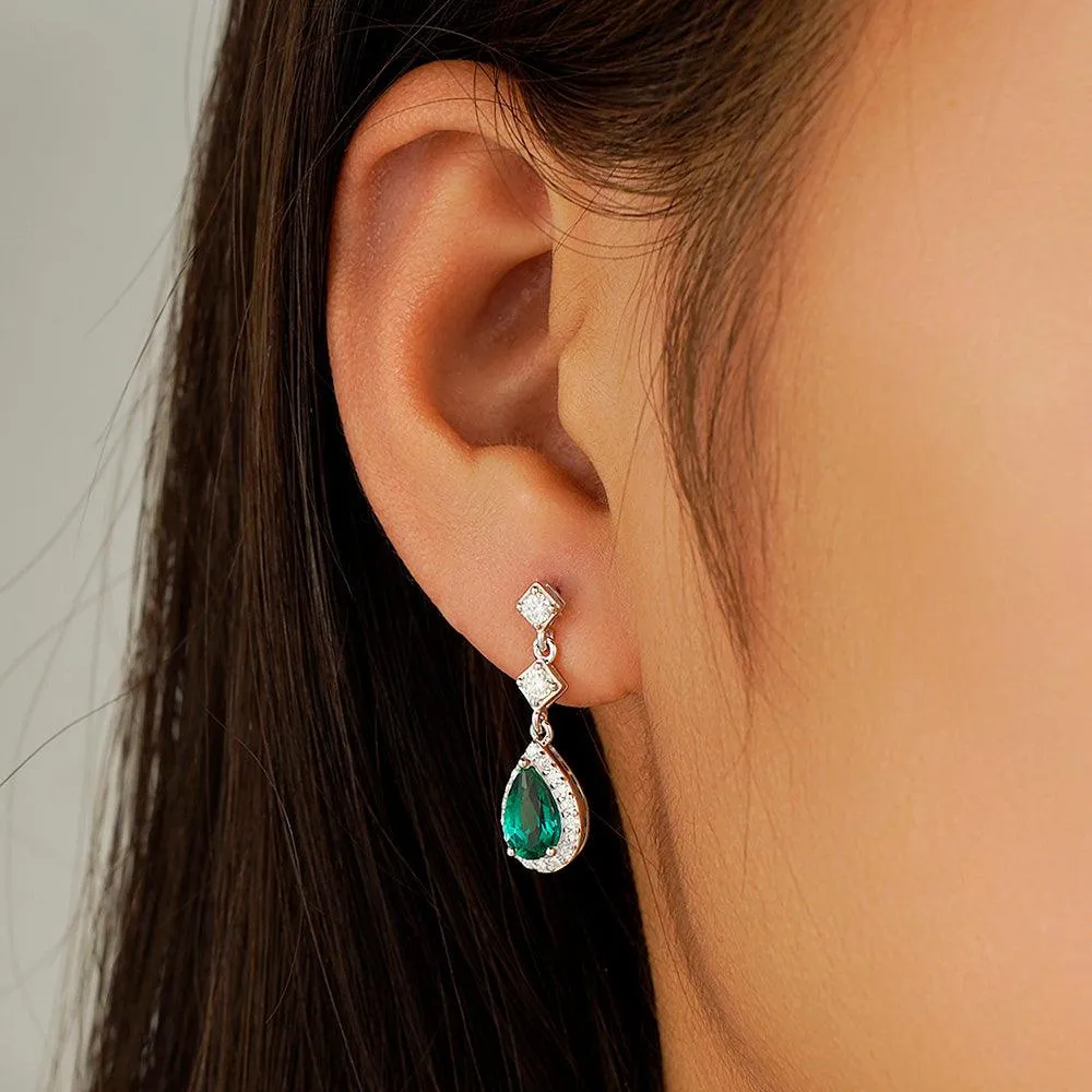 1.24 CT. Pear Emerald Drop Earrings with Pavé Halo