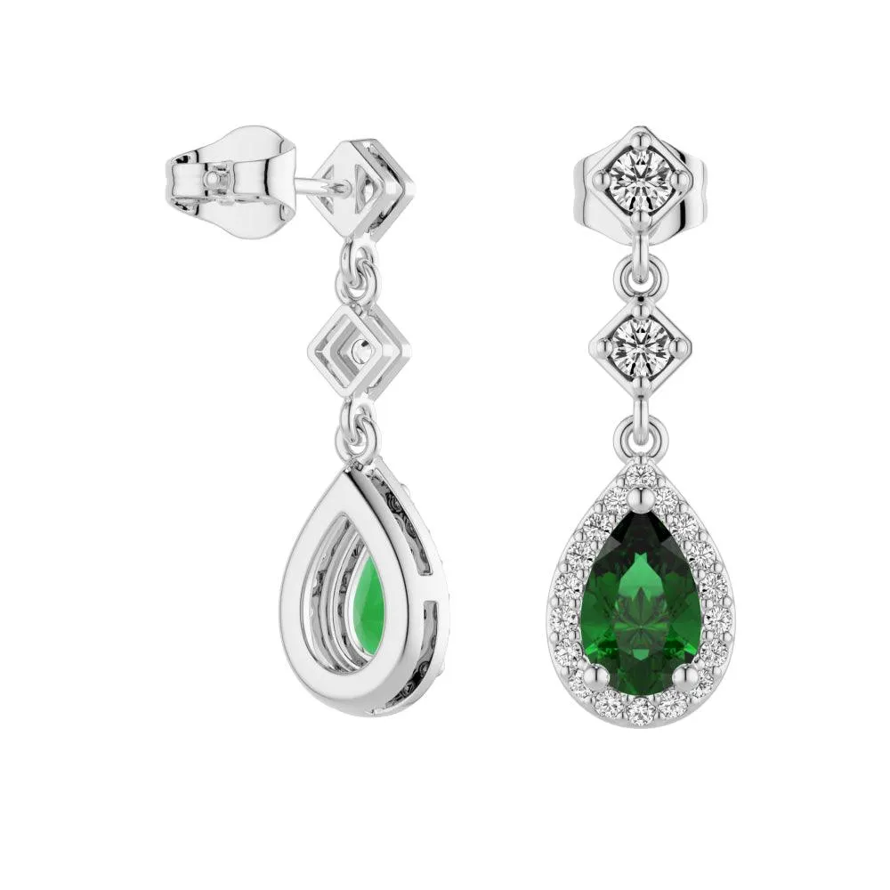 1.24 CT. Pear Emerald Drop Earrings with Pavé Halo