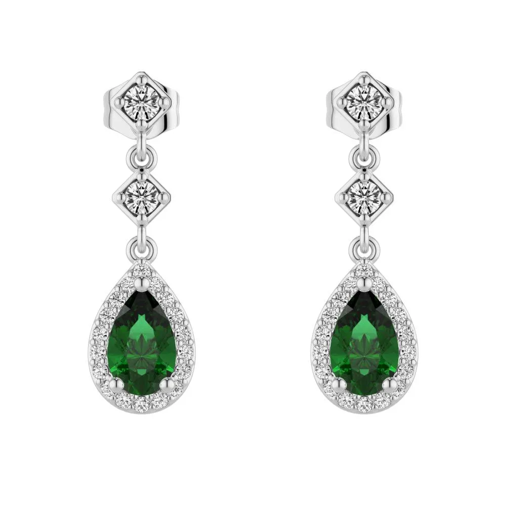 1.24 CT. Pear Emerald Drop Earrings with Pavé Halo