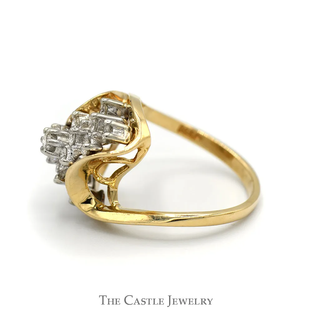 1/2cttw Waterfall Diamond Cluster Ring in 14k Yellow Gold Swirled Bypass Mounting