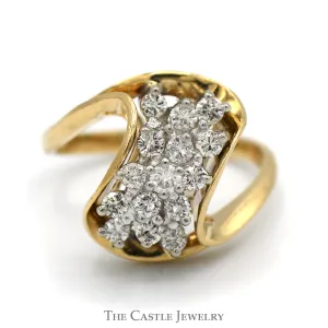 1/2cttw Waterfall Diamond Cluster Ring in 14k Yellow Gold Swirled Bypass Mounting