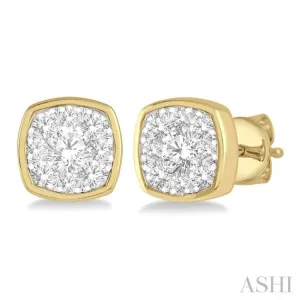 1/3 ctw Cushion Shape Round Cut Diamond Lovebright Stud Earring in 14K Yellow and White Gold