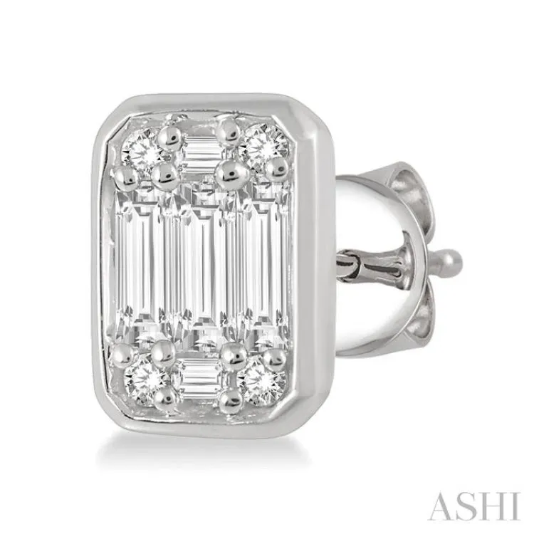 1/3 Ctw Octagonal Shape Baguette and Round Cut Diamond Bezel Stud Earrings in 14K White Gold