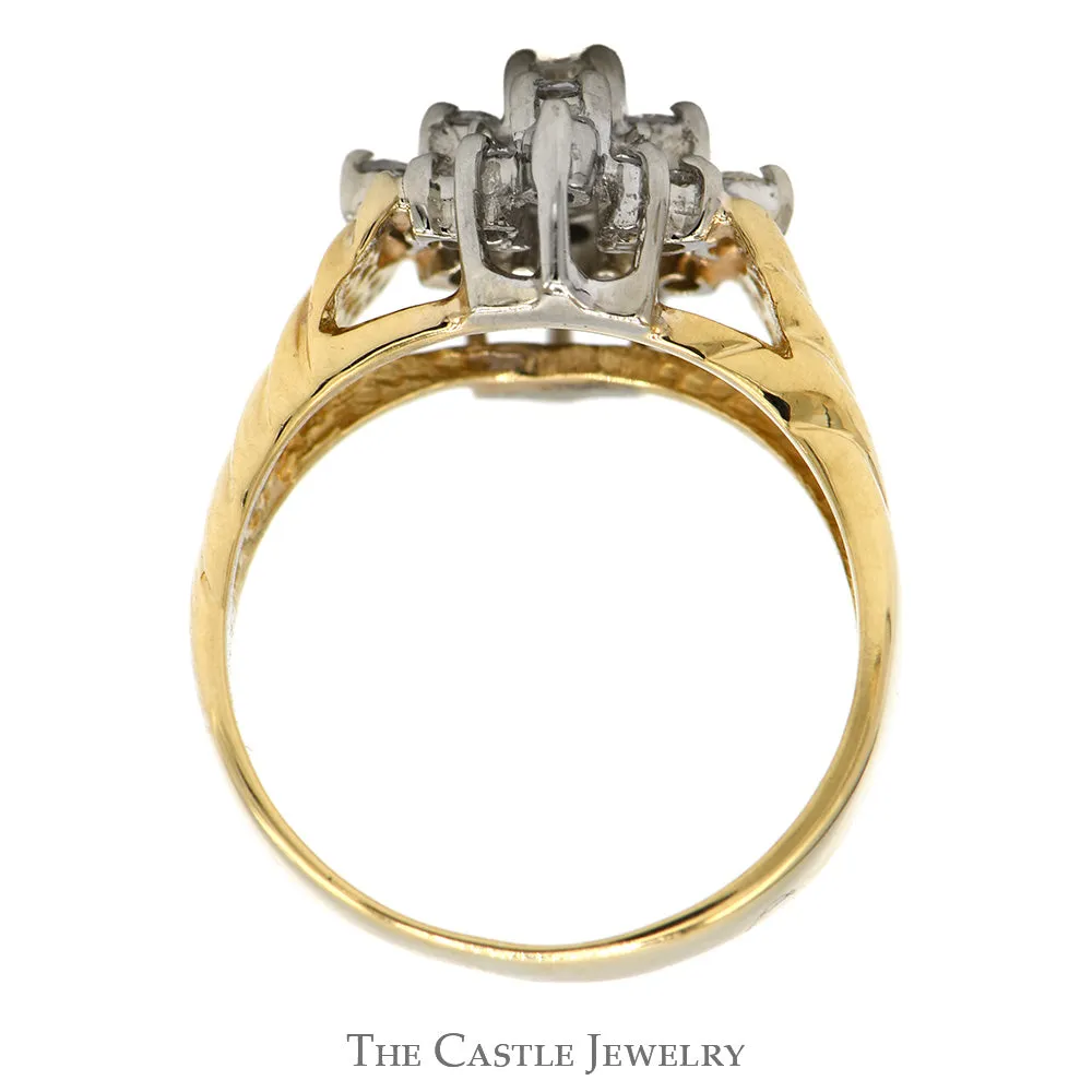 1/4cttw Diamond Starburst Cluster Ring with Ridged Sides in 14k Yellow Gold