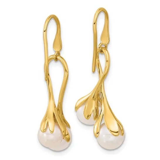 14K Polished Cultured Pearl Floral Dangle Earrings