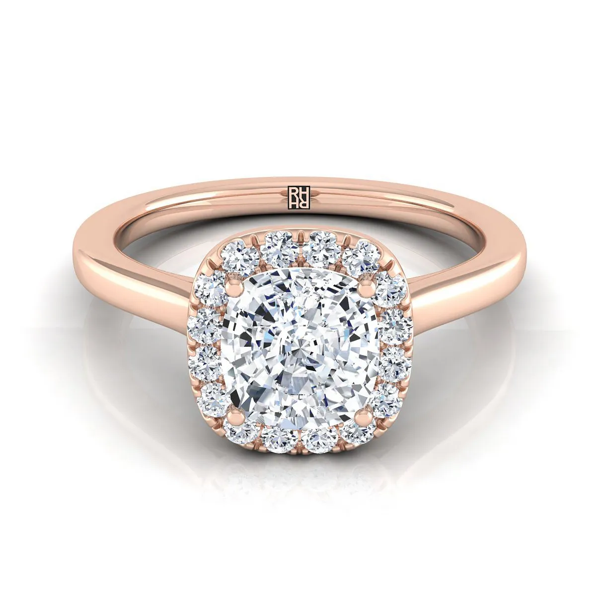 14K Rose Gold Cushion Diamond Modern Halo French Pave Engagement Ring -1/6ctw