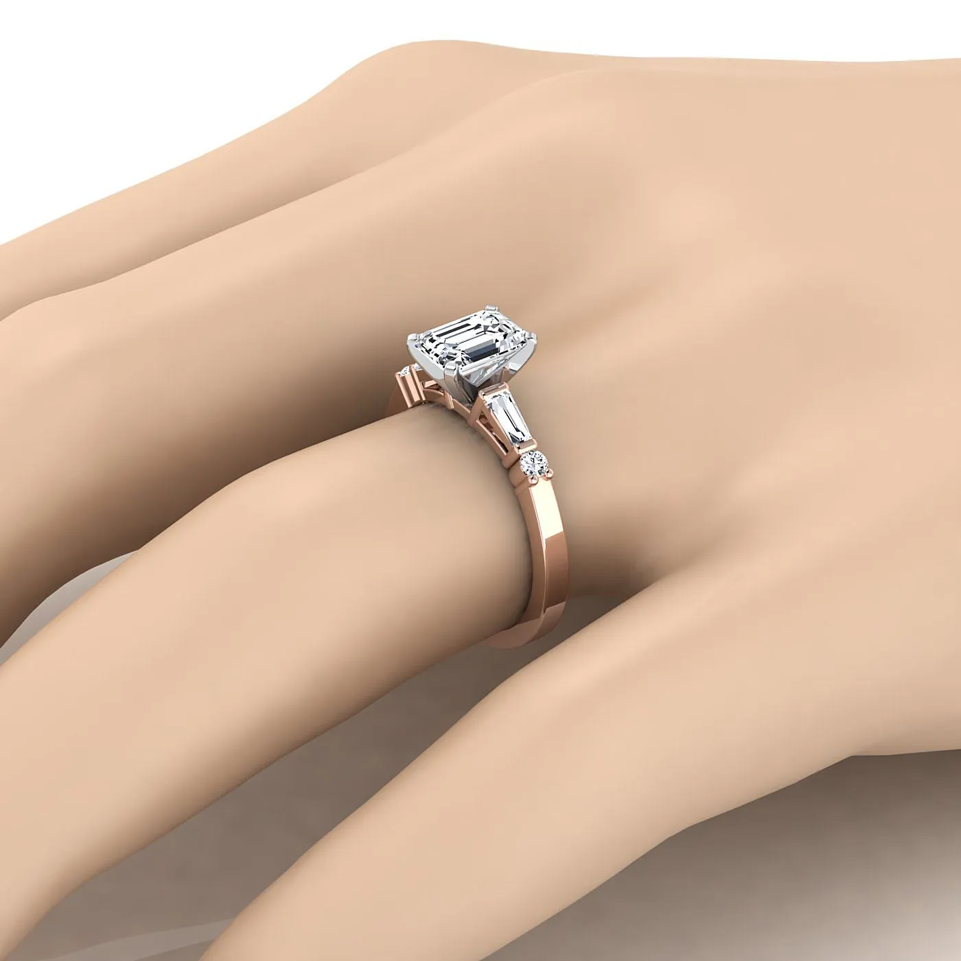 14K Rose Gold  Diamond Simple Baguette and Round Solitaire Engagement Ring -1/4ctw