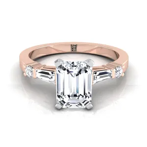 14K Rose Gold  Diamond Simple Baguette and Round Solitaire Engagement Ring -1/4ctw