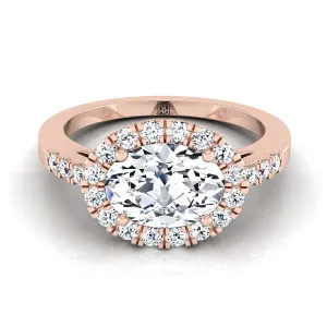 14K Rose Gold Oval Diamond Horizontal Fancy East West Halo Engagement Ring -1/3ctw