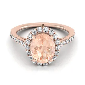 14K Rose Gold Oval Morganite Petite Halo French Diamond Pave Engagement Ring -3/8ctw