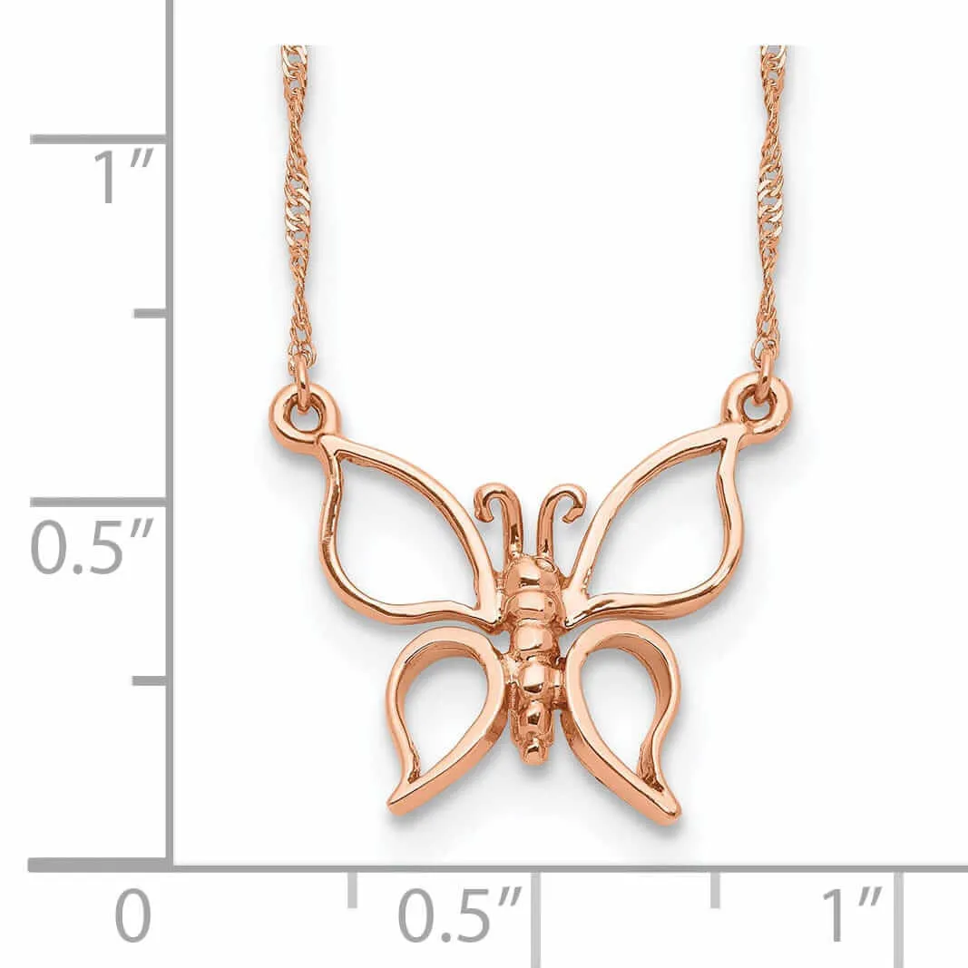 14k Rose Gold Polished Finish Solid Butterfly Design Pendant in a 17-inch Singapore Chain Necklace Set