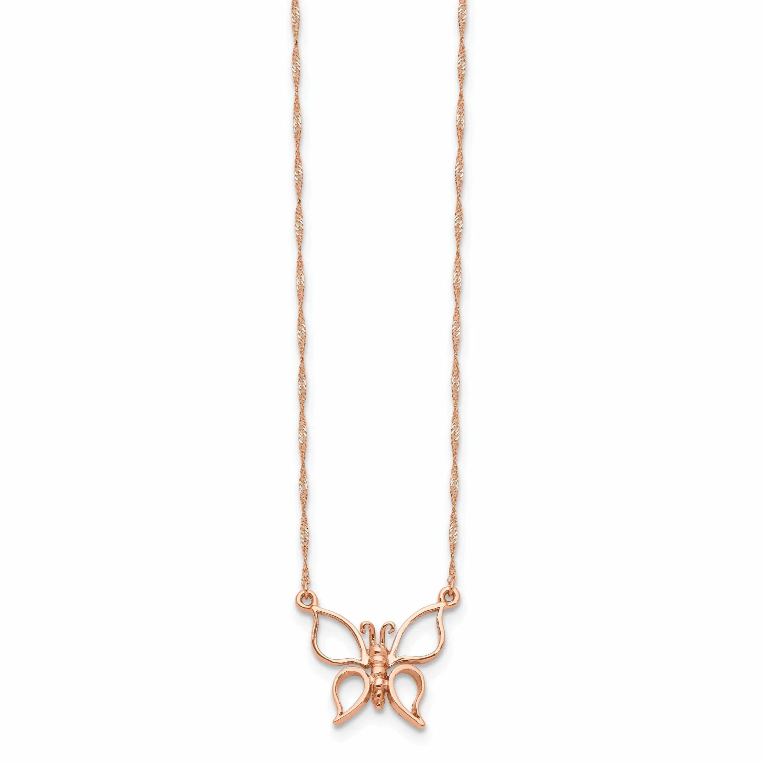 14k Rose Gold Polished Finish Solid Butterfly Design Pendant in a 17-inch Singapore Chain Necklace Set