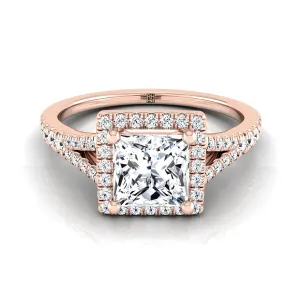 14K Rose Gold Princess Cut French Pave Split Shank Halo Engagement Ring -1/4ctw