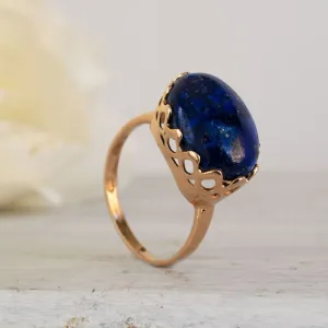 14K Rose Gold Round Blue Lapis Lazuli 12X16mm Ring