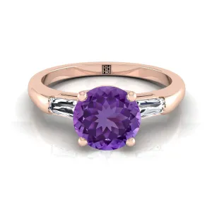 14K Rose Gold Round Brilliant Amethyst Three Stone Tapered Baguette Engagement Ring -1/5ctw