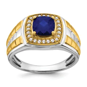 14k Two-tone Gold Created Sapphire and Diamond Mens Ring