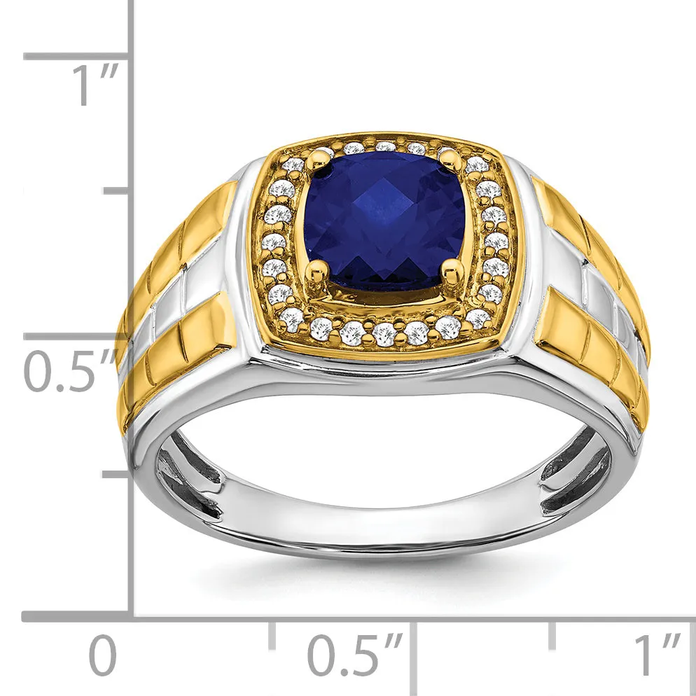 14k Two-tone Gold Created Sapphire and Diamond Mens Ring