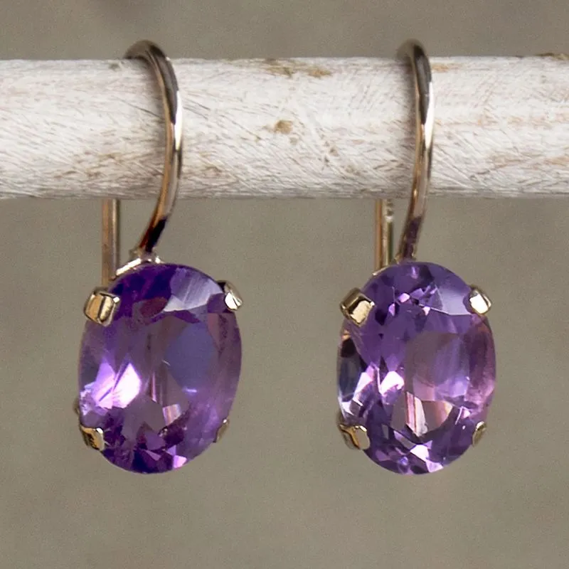 14K White Gold Oval Purple Amethyst 6X8mm Dangle Earrings