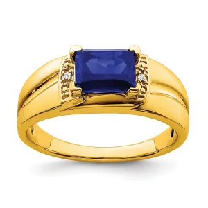 14k Yellow Gold Emerald-cut Created Sapphire and Diamond Mens Ring