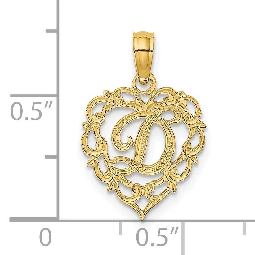 14K Yellow Gold Heart Shape Fancy Script Letter D Initial Charm Pendant