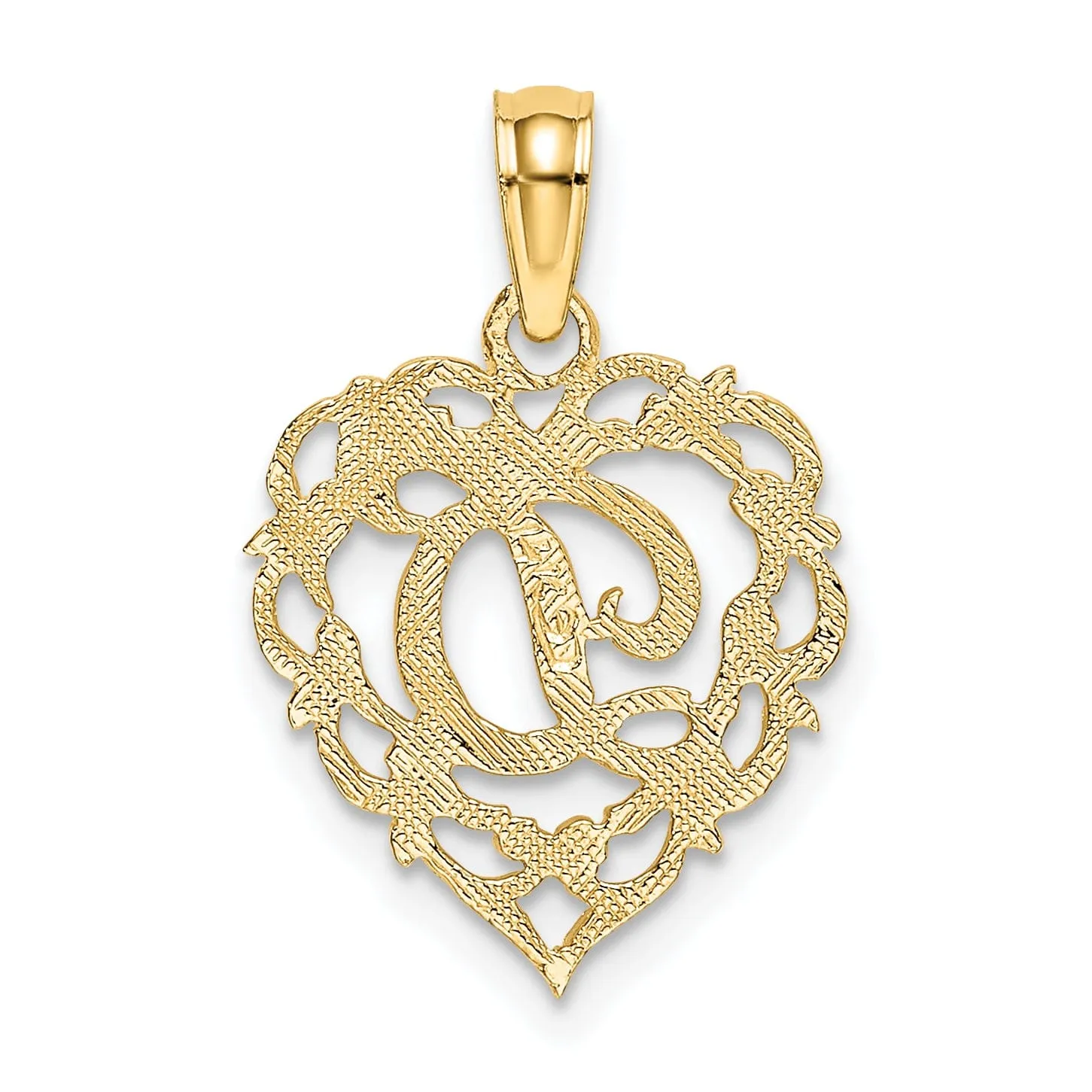 14K Yellow Gold Heart Shape Fancy Script Letter D Initial Charm Pendant