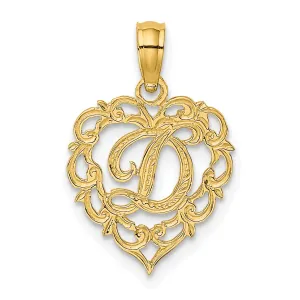 14K Yellow Gold Heart Shape Fancy Script Letter D Initial Charm Pendant