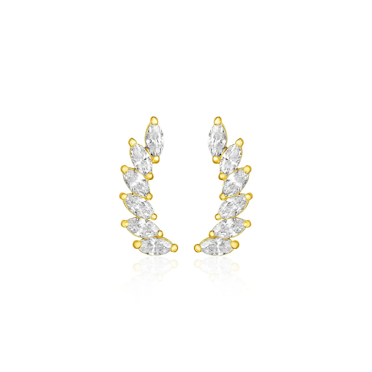 14k Yellow Gold Leaf Motif Climber Post Earrings Cubic Zirconias