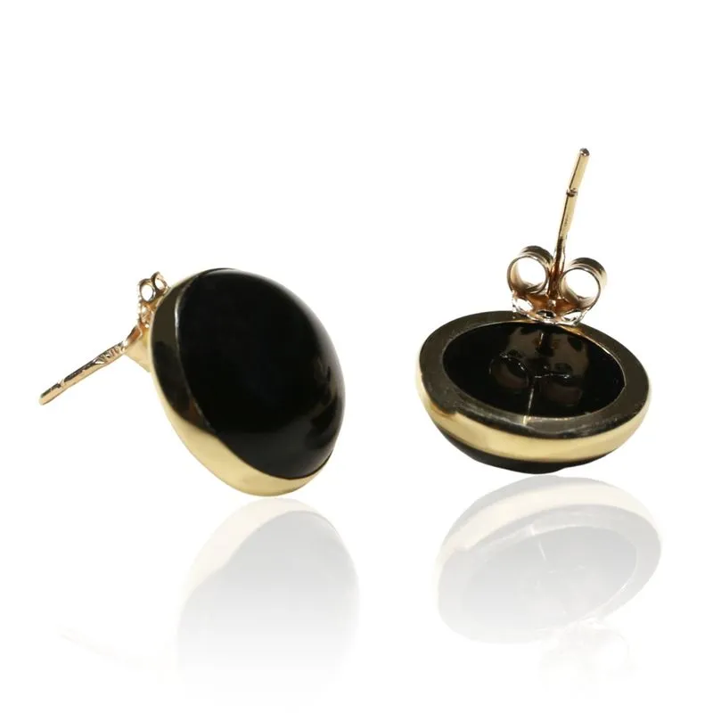 14K Yellow Gold Round Black Onyx 12mm Stud Earrings