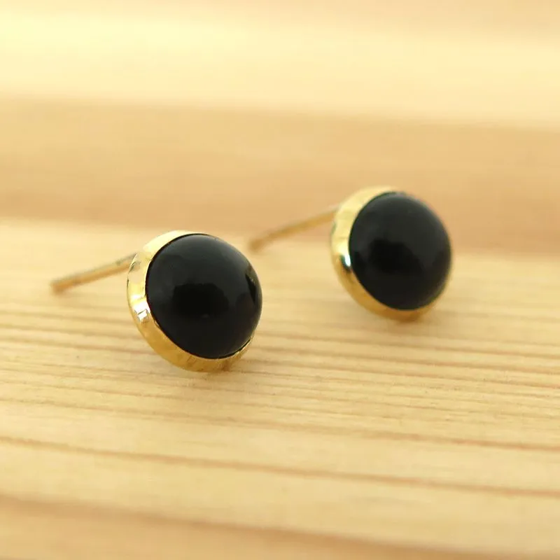 14K Yellow Gold Round Black Onyx 6mm Stud Earrings