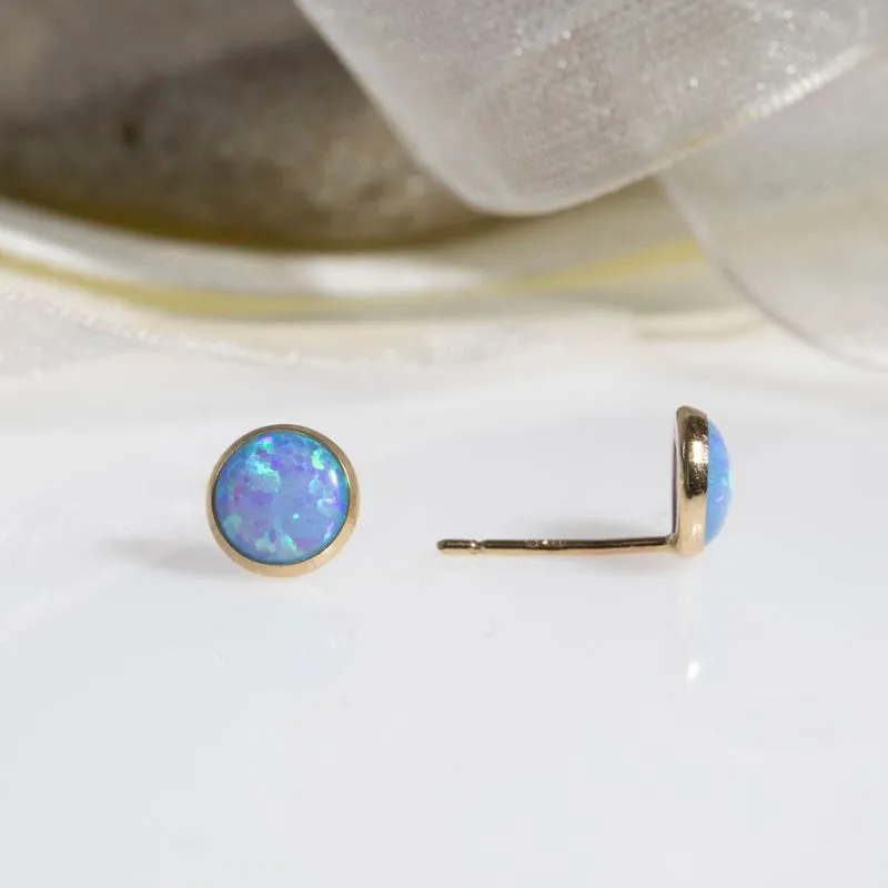 14K Yellow Gold Round Blue Opal 6mm Stud Earrings