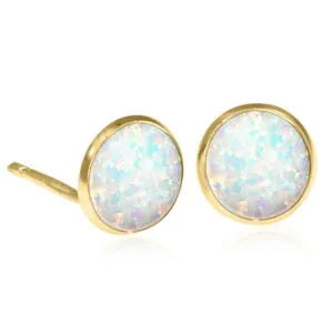 14K Yellow Gold Round White Opal 12mm Stud Earrings