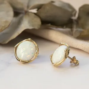 14K Yellow Gold Round White Opal 12mm Stud Earrings