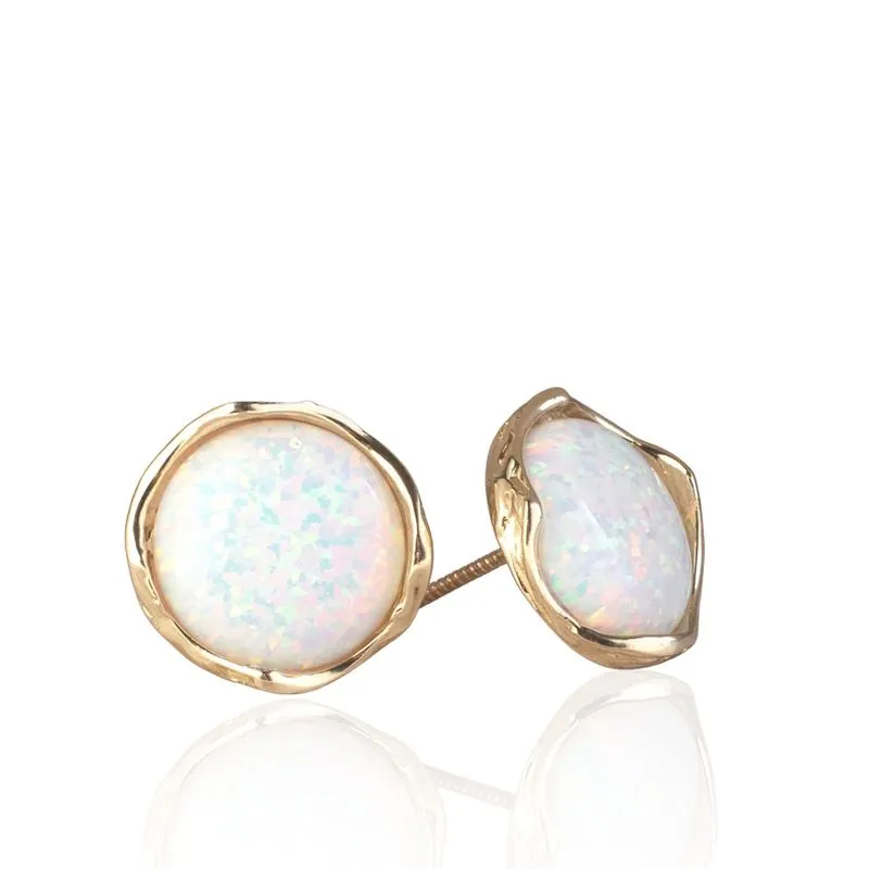 14K Yellow Gold Round White Opal 12mm Stud Earrings