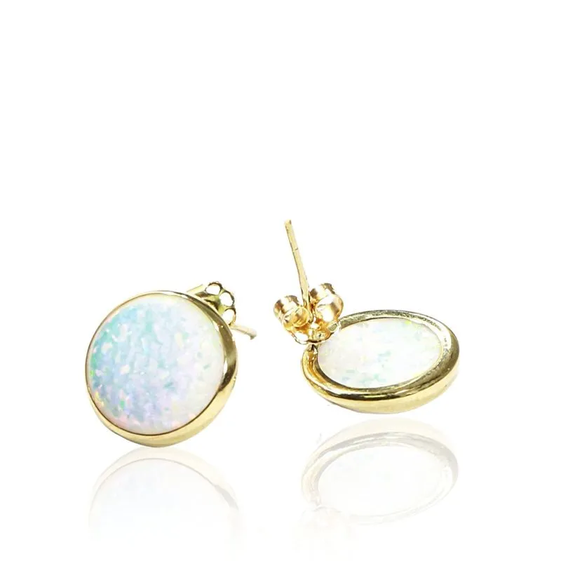 14K Yellow Gold Round White Opal 12mm Stud Earrings