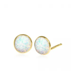 14K Yellow Gold Round White Opal 8mm Stud Earrings