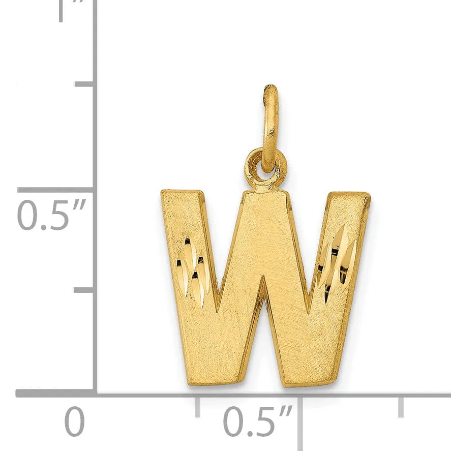 14k Yellow Gold Satin Diamond Cut Finish Letter W Initial Charm Pendant