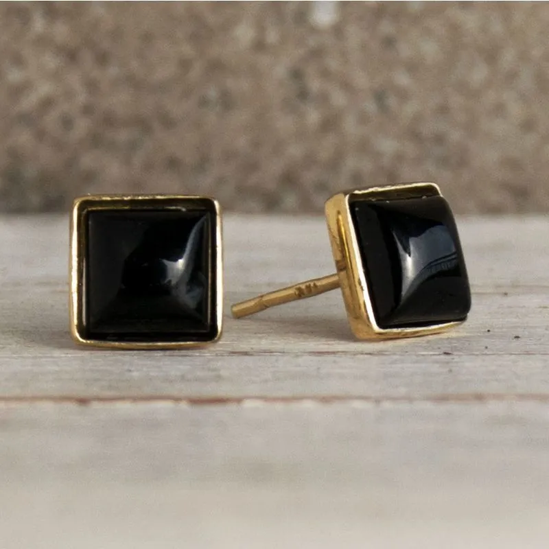 14K Yellow Gold Square Black Onyx 6X6mm Stud Earrings