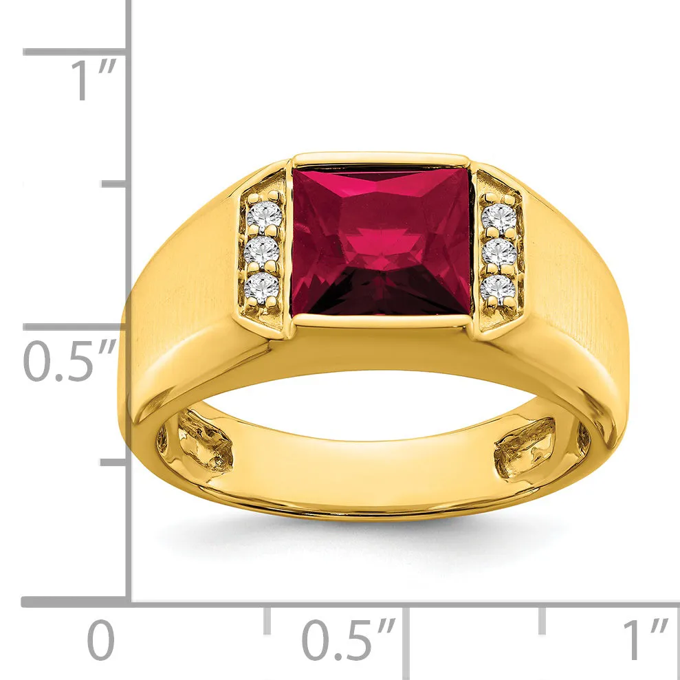 14k Yellow Gold Square Created Ruby and Diamond Mens Ring