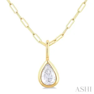 1/5 ctw Pear Cut Bezel Set Diamond Fashion Pendant With Paper Clip Chain in 14K yellow Gold