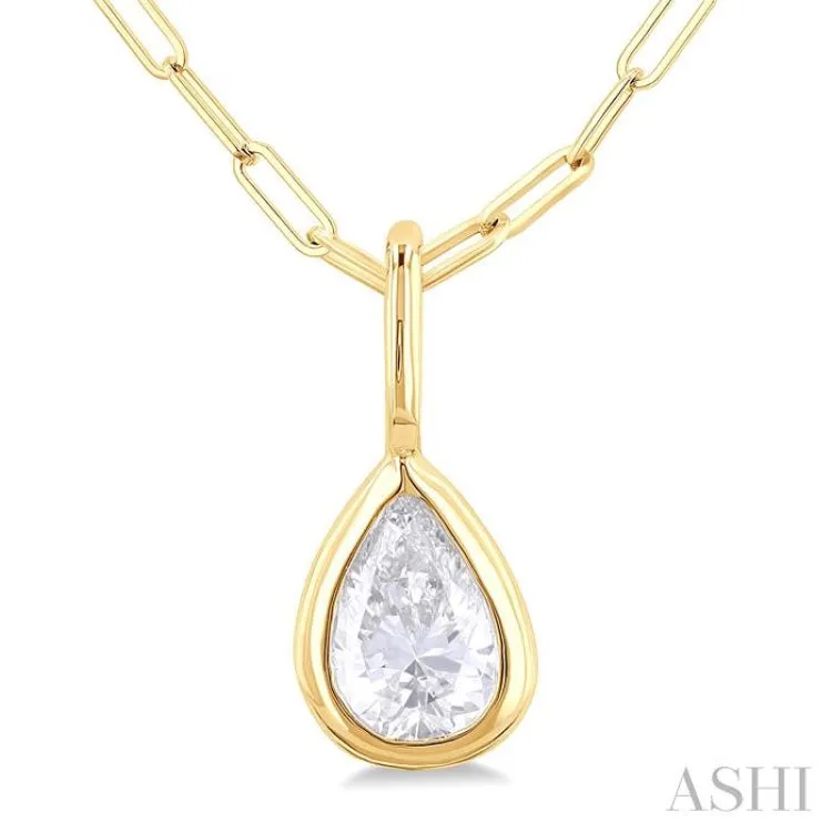 1/5 ctw Pear Cut Bezel Set Diamond Fashion Pendant With Paper Clip Chain in 14K yellow Gold